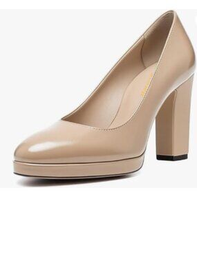 miss left Apricot Low Platform Chunky High Heel Slip On Closed Round Toe Pump